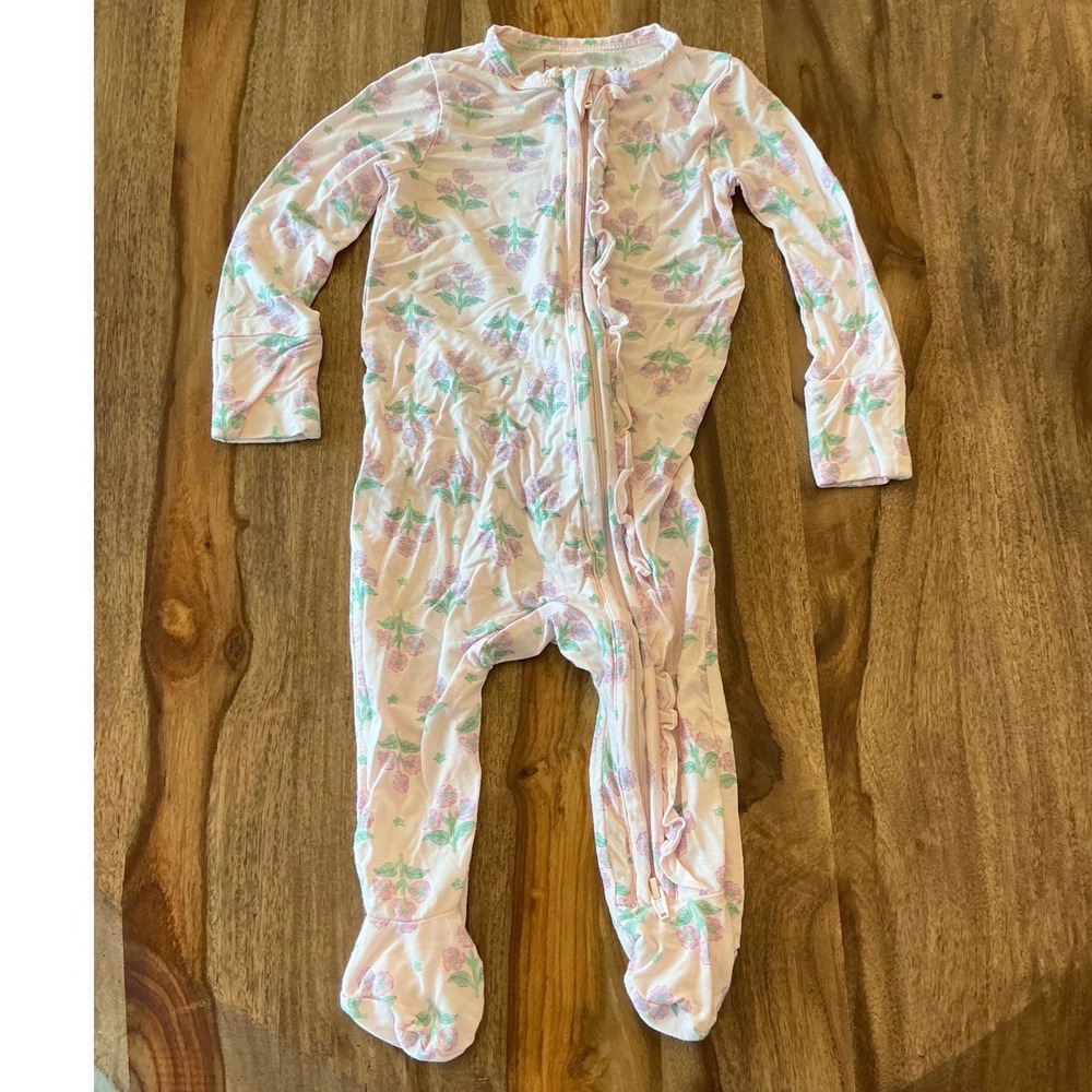 Btwen Baby Bamboo Footed Sleeper 6M Pink Purple Floral Ruffle 2-Way Zip NL3118TJ